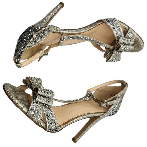 Silver Stone Studded Princess Bow Embellished Strappy Stiletto Pumps Heels 7.5 - Picture 5 of 11